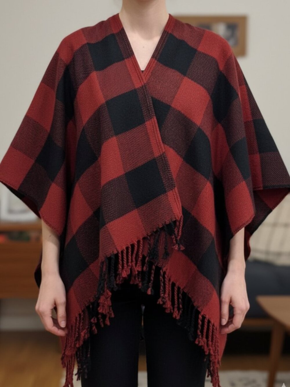 Abercrombie & Fitch Red Black Plaid Fringe Poncho | One Size